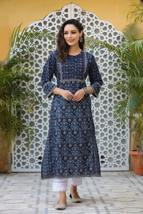 Women Navy Blue Ethnic Motifs Printed Cotton Straight Kurta